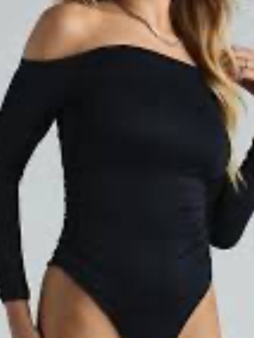 NWT AFRM Black Off-the-Shoulder ruched sides  stretch bodysuit size large - Picture 3 of 8